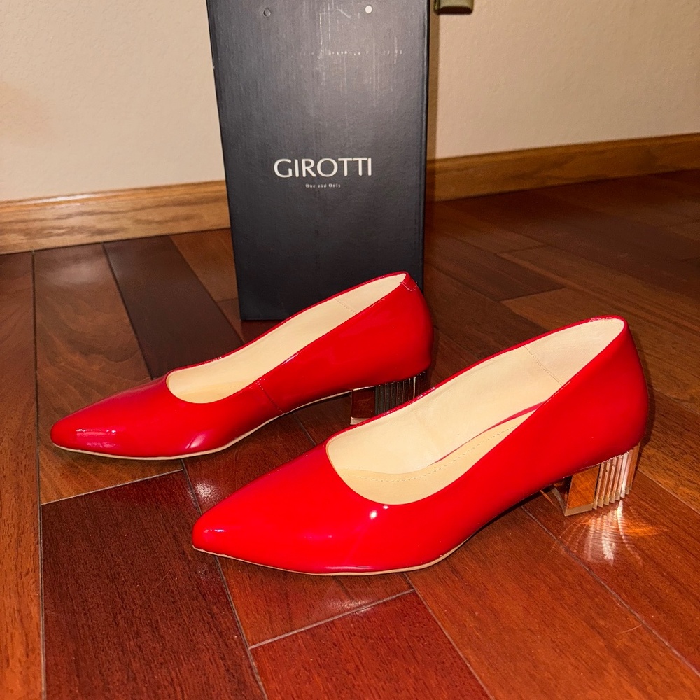 GIROTTI RED LEATHER METALLIC BLOCK HEEL SHOES